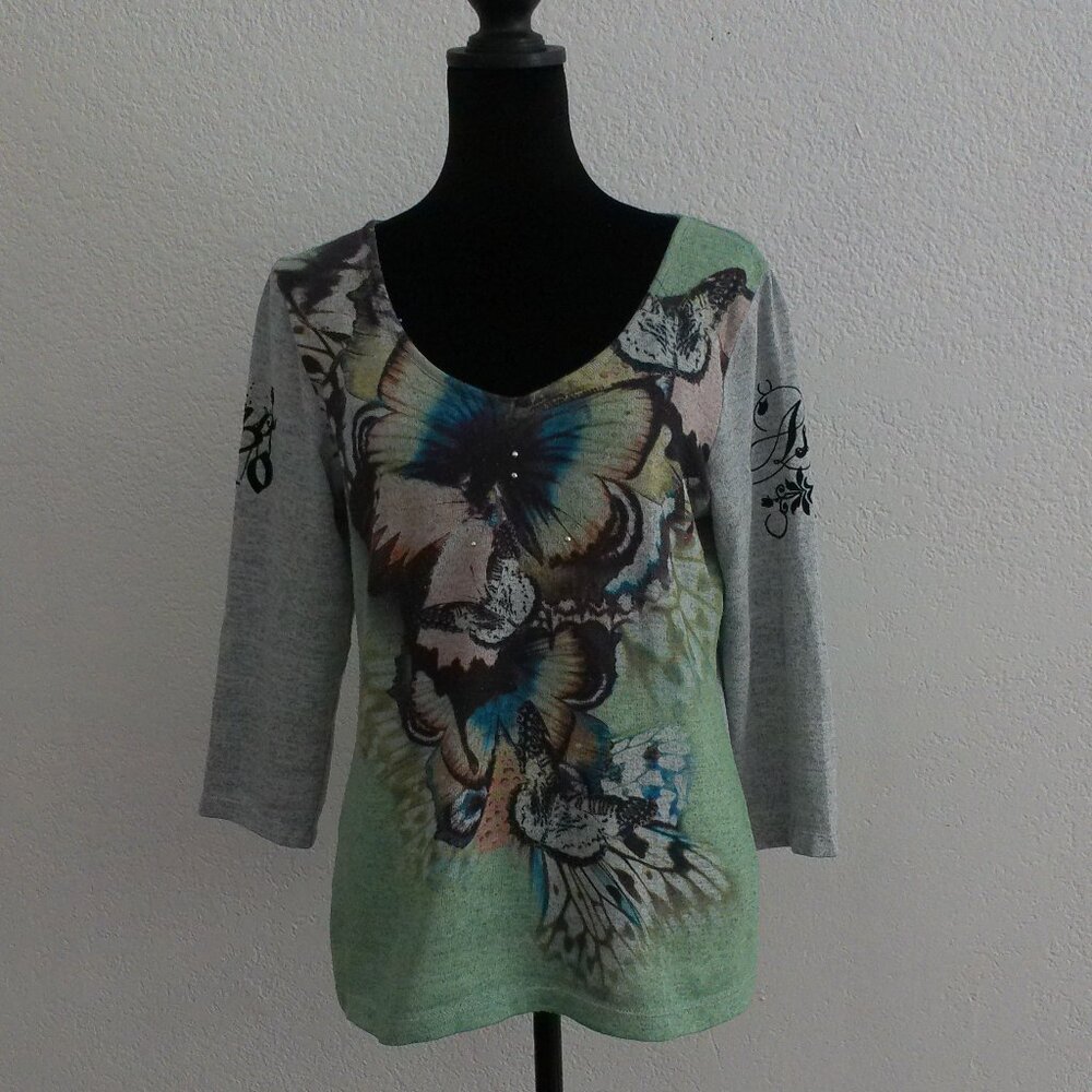 Light Green butterfly long sleeve top, V-neck, with silver beads detail